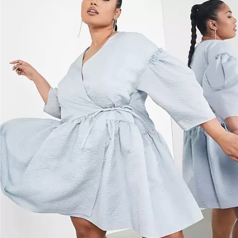ASOS EDITION Curve wrap smock textured mini dress in blue